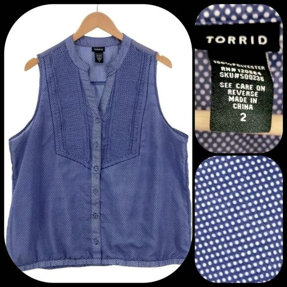 Torrid Tops - SIZE 2XL TORRID shirt top blouse sleeveless polka dots blue white button front